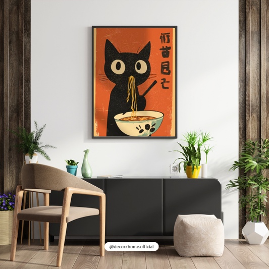 Cute Japanese Ramen Cat Poster | Minimalist Anime Cat Wall Art | Decorxhome