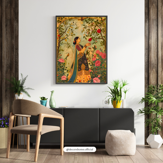 Royal Mughal Garden Lady Wall Art – Vintage Indian Miniature Painting Poster | Decorxhome