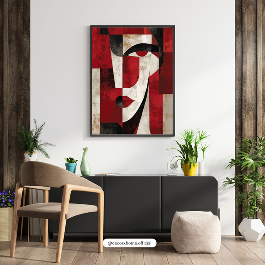 Bold Abstract Woman Face Wall Art Poster – Modern Red & Black Home Décor by Decorxhome