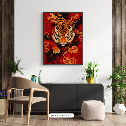 Decorexhome Fierce Tiger Poster | Japanese-Inspired Red Tiger Wall Art | Golden Tiger & Dragon Artwork