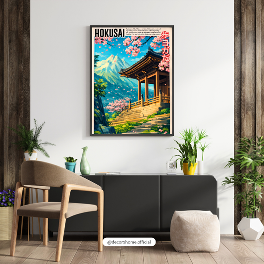 HOKUSA Japanese Temple & Mount Fuji Poster – Cherry Blossom Landscape Wall Art | Decorxhome