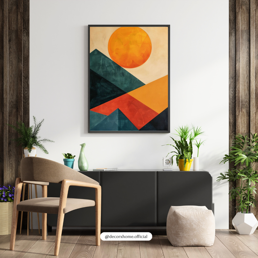Abstract Geometric Sun & Mountains Wall Art Poster – Modern Landscape Illustration | Decorxhome