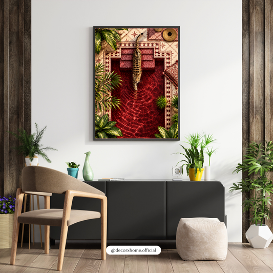 Leopard Pool Reflection Poster | Tropical Wildlife Wall Art | Luxury Nature Decor | Decorxhome