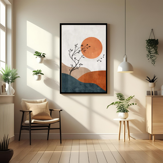 Boho Tree & Sunset Wall Art with Frame – Minimalist Nature-Inspired Decor for Living Room, Bedroom & Office