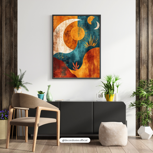 Abstract Sun & Moon Boho Wall Art Poster – Vintage Cosmic Landscape Illustration | Decorxhome