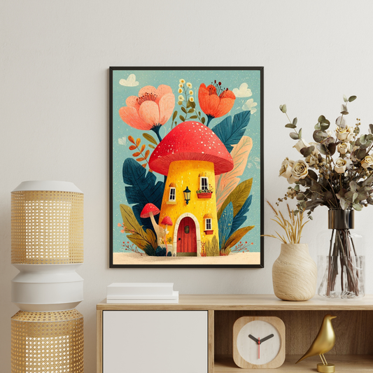 Whimsical Mushroom Cottage Framed Poster | Storybook Art Wall Décor by Decorxhome