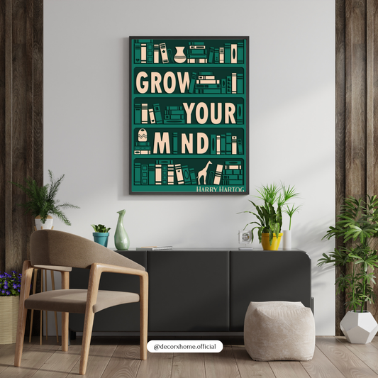 Grow Your Mind – Minimalist Bookshelf Inspirational Wall Poster