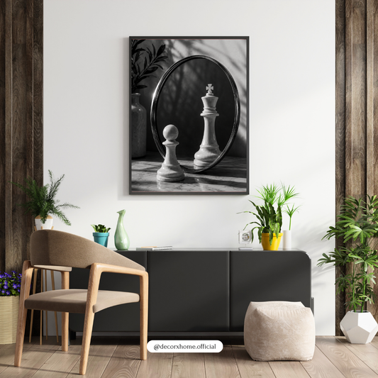 Chess King & Pawn Mirror Art – Minimalist Black & White Strategy Poster | Decorexhome
