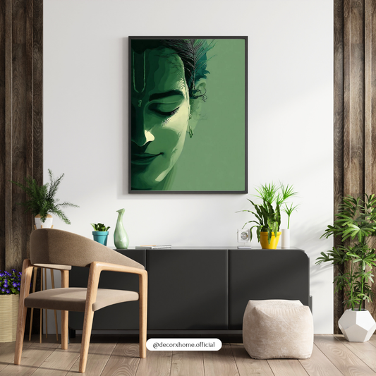 Serene Krishna Minimal Wall Art Poster β Spiritual Green Aesthetic Painting | Decorxhome