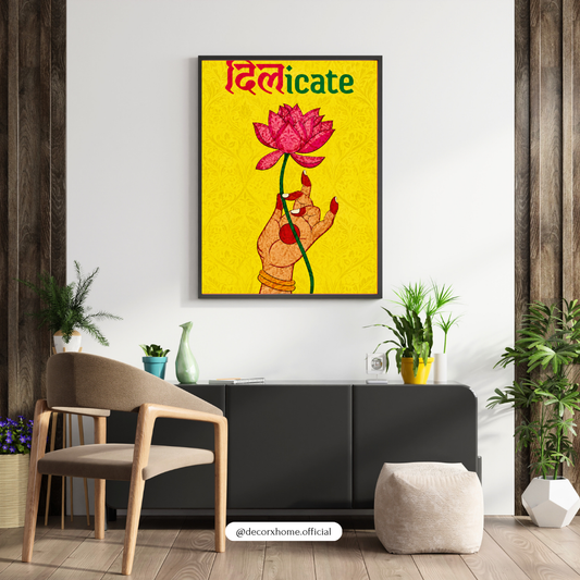 Decorexhome Delicate Lotus Poster | Indian Traditional Floral Wall Art | Hand Holding Lotus Artwork | Vibrant Yellow Botanical Décor | Artistic Wall Décor