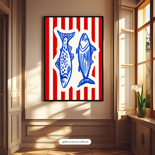 Blue Coastal Fish Line Art Poster | Scandinavian Nautical Wall Art | Decorexhome