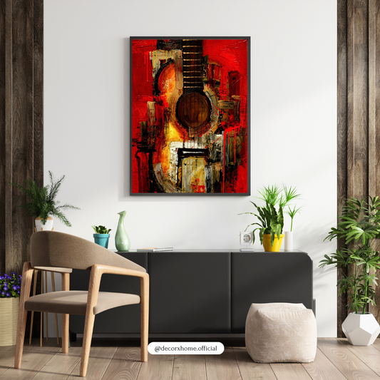Abstract Guitar Wall Art Poster – Modern Music Inspired Canvas | Bold Red Artistic Guitar Painting for Living Room, Studio & Office Decor | Decorxhome