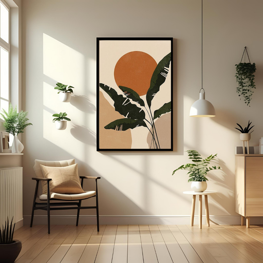 Boho Botanical Sun Wall Art with Frame – Minimalist Nature-Inspired Decor for Home & Office