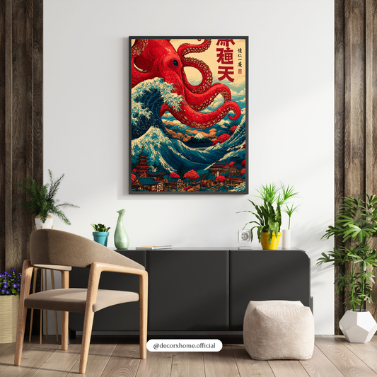 Crimson Octopus Wave β Japanese Ukiyo-E Inspired Wall Art Poster | DecorxHome
