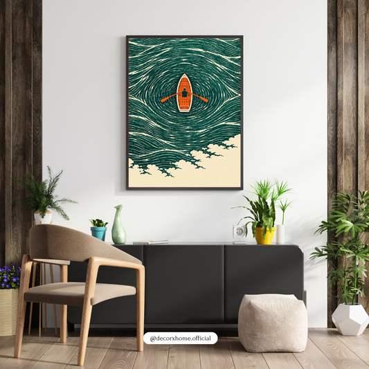 Minimalist Rowing Boat Ocean Wall Art | Blue Wave Poster & Framed Artwork