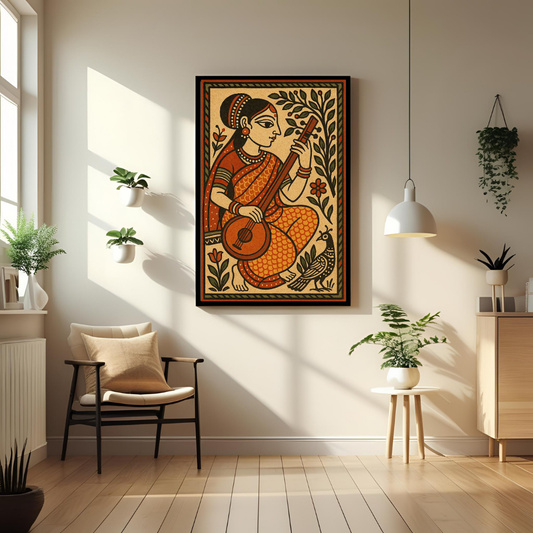 Traditional Indian Woman with Veena – Cultural Folk Art Poster 🎶✨