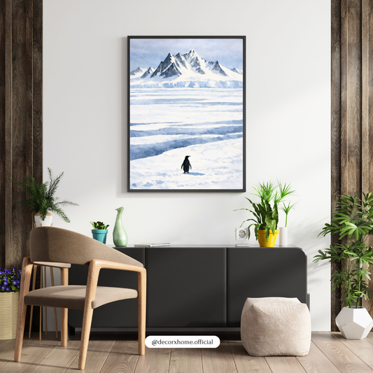 Arctic Penguin Landscape Poster – Minimal Snow Mountain Nature Wall Art | Decorxhome