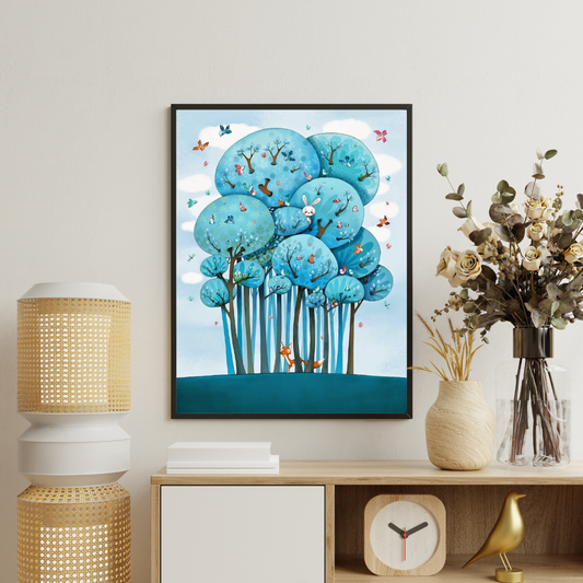 Enchanted Blue Forest Framed Poster | Whimsical Nature Art Wall Décor by Decorxhome