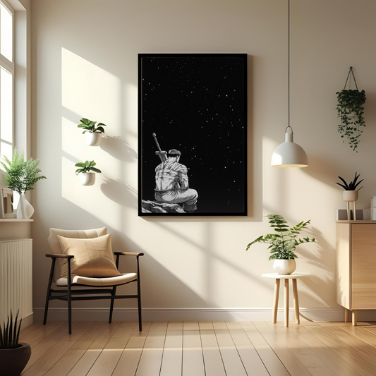 🌌 Lone Warrior Under the Stars Poster 🖼️ | Minimalist Night Sky Wall Art ⚔️✨