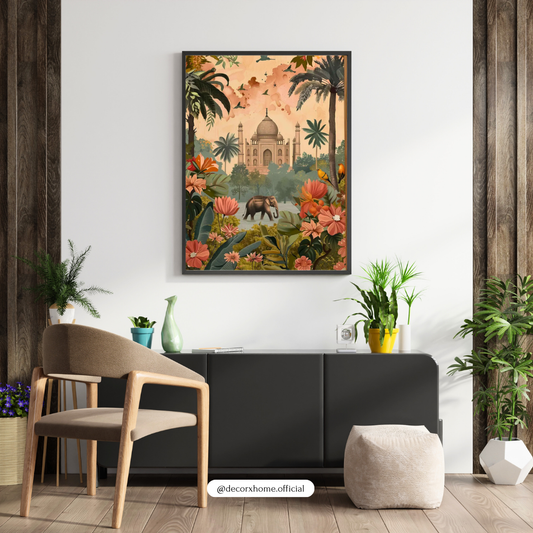 Taj Mahal Botanical Paradise Wall Art – Vintage India Landscape Poster with Elephant | Decorxhome