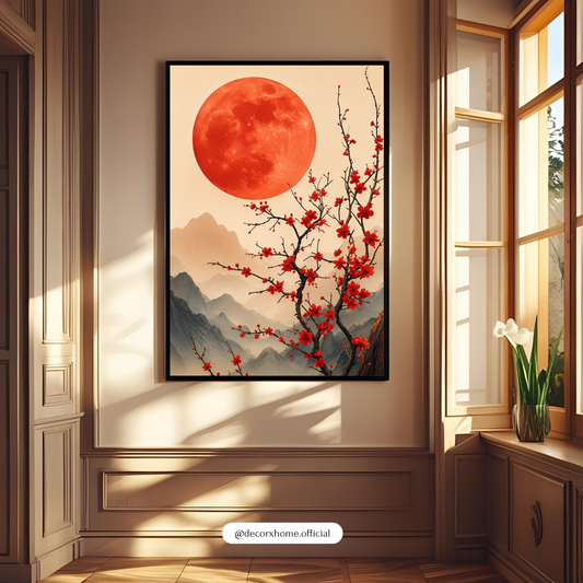Red Moon Sakura Landscape Wall Art Poster | Japanese Zen Nature Decor