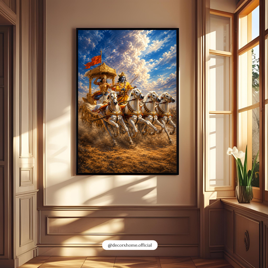 DecorexHome Krishna & Arjuna Mahabharata Poster | Divine Chariot Wall Art | Spiritual Hindu Mythology Artwork | Epic Battle Scene Print