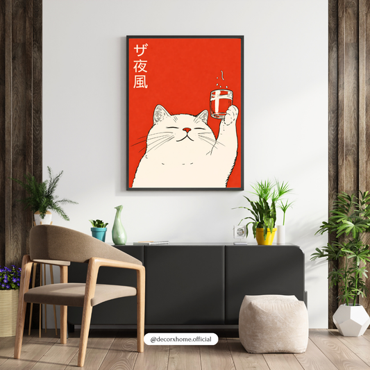 Minimalist Japanese Cat Cheers Poster | Cute Anime Style Wall Art | Decorxhome