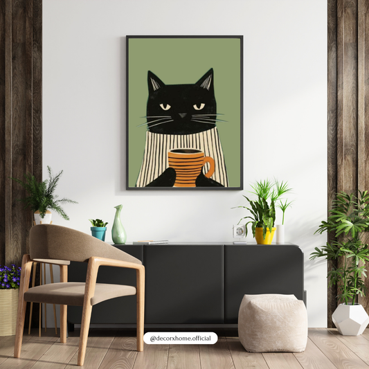 Coffee Lover Cat – Cute Minimal Illustration Wall Poster by Decorxhome