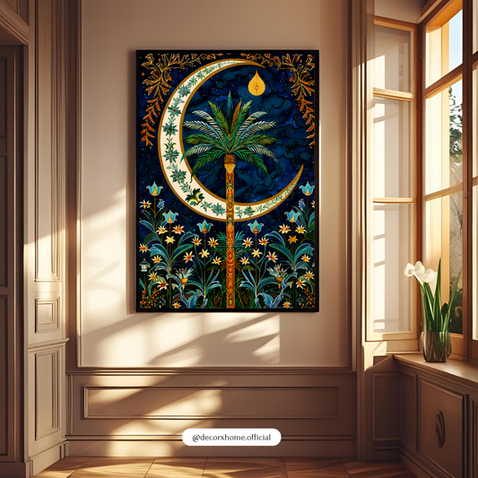Decorexhome Moonlit Palm Oasis Wall Art Poster | Boho Tropical Crescent Moon Canvas Print | Celestial Botanical Home Decor