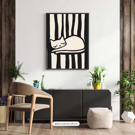 Minimal Sleeping Cat Wall Art Poster – Black & White Abstract Line Art Print | Cute Aesthetic Pet Decor for Bedroom & Living Room | Decorxhome