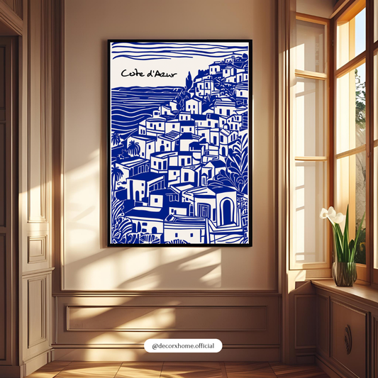 DecorexHome Côte d’Azur Coastal Village Poster | Blue & White Mediterranean Wall Art | Minimal European Travel Artwork | Modern Aesthetic Print