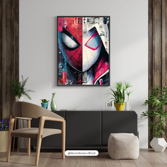 Spiderman & Spider Gwen Dual Masked Hero Art Poster – Vibrant Split Comic-Style Wall Decor