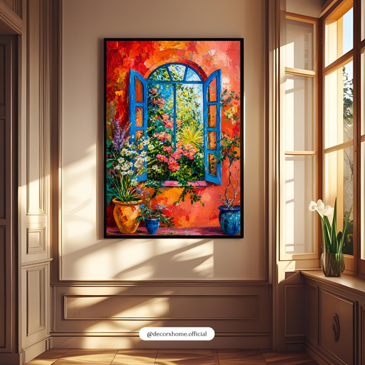 Mediterranean Bloom Window Wall Art Poster | Vibrant Floral Window Painting Print