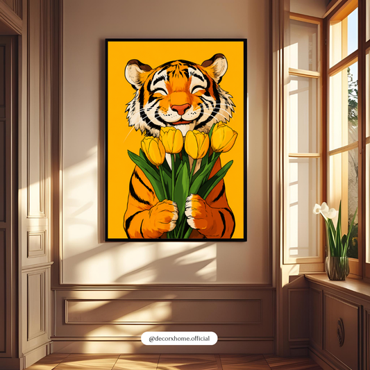 Decorexhome Happy Tiger with Tulips Wall Art Poster | Cute Animal Illustration Canvas Print | Playful Modern Home Decor