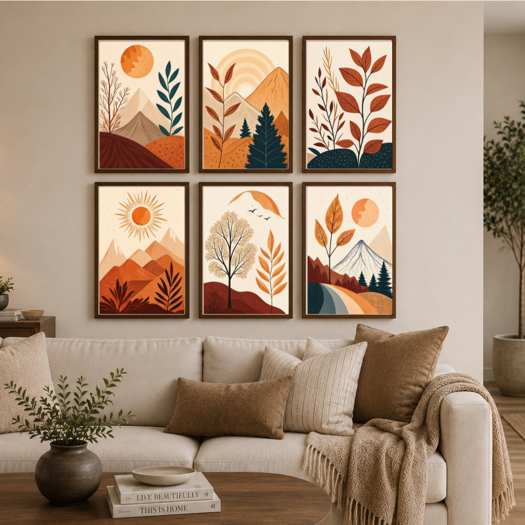 Autumn Mountain Botanical Poster Set – Scandinavian Earth-Tone Landscape Wall Art (Set of 6) | Decorxhome