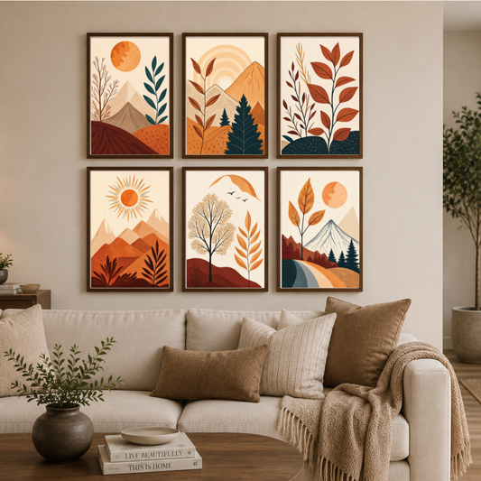 Autumn Mountain Botanical Poster Set – Scandinavian Earth-Tone Landscape Wall Art (Set of 6) | Decorxhome