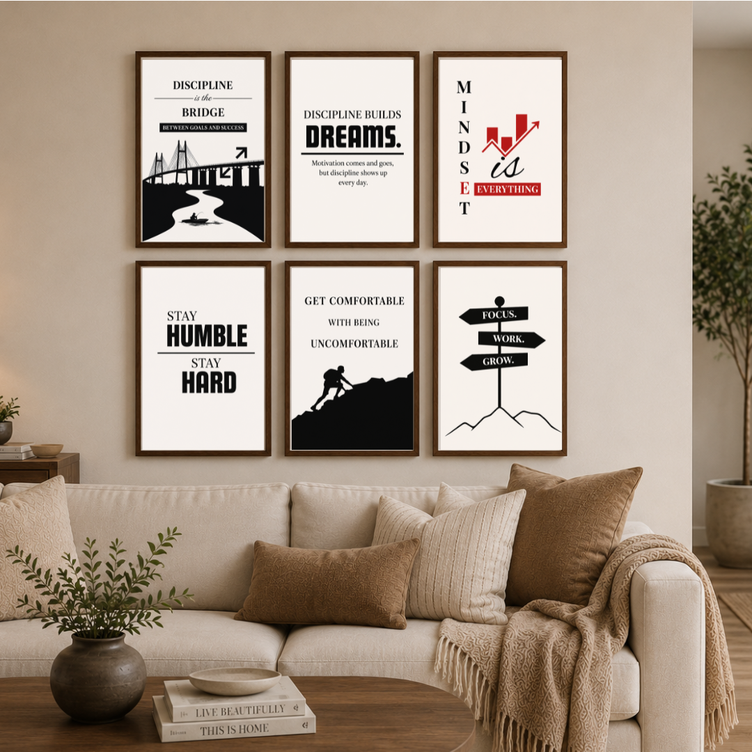 Motivational Discipline Poster Set – Success, Focus & Growth Inspirational Wall Art (Set of 6) | Decorxhome