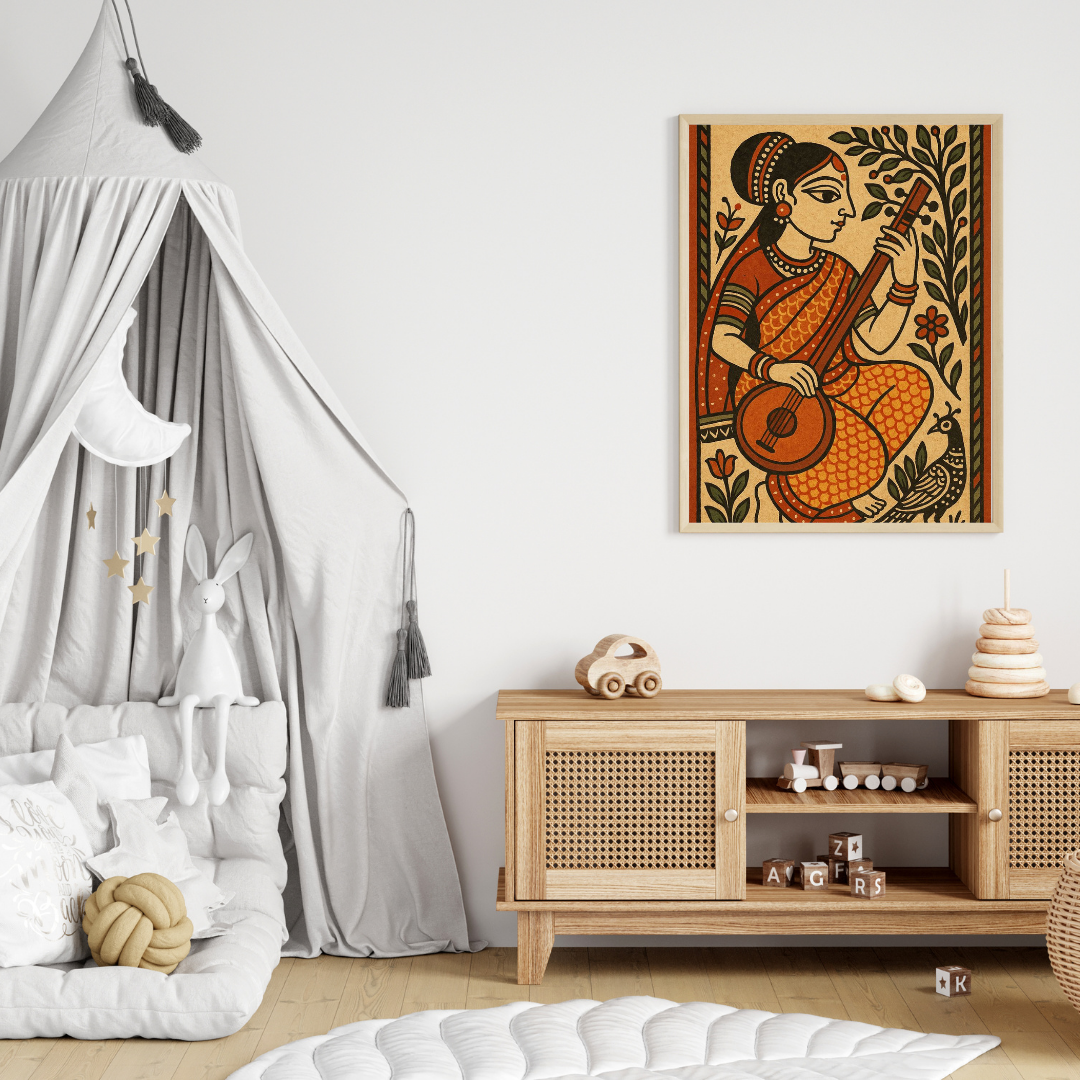 Traditional Indian Woman with Veena β Cultural Folk Art Poster πΆβ¨