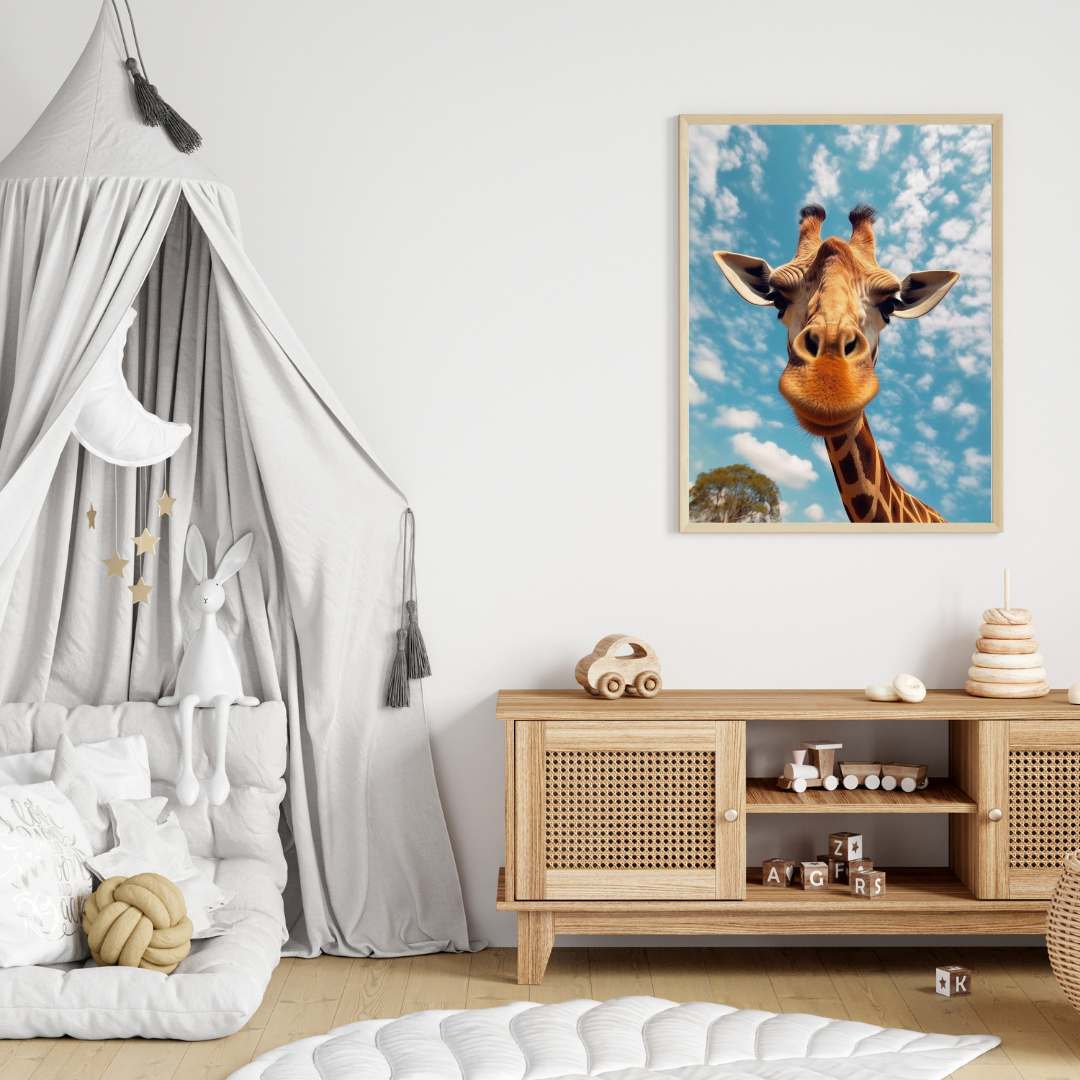 Playful Giraffe Wall Art – Framed Animal Print for Home & Office Decor