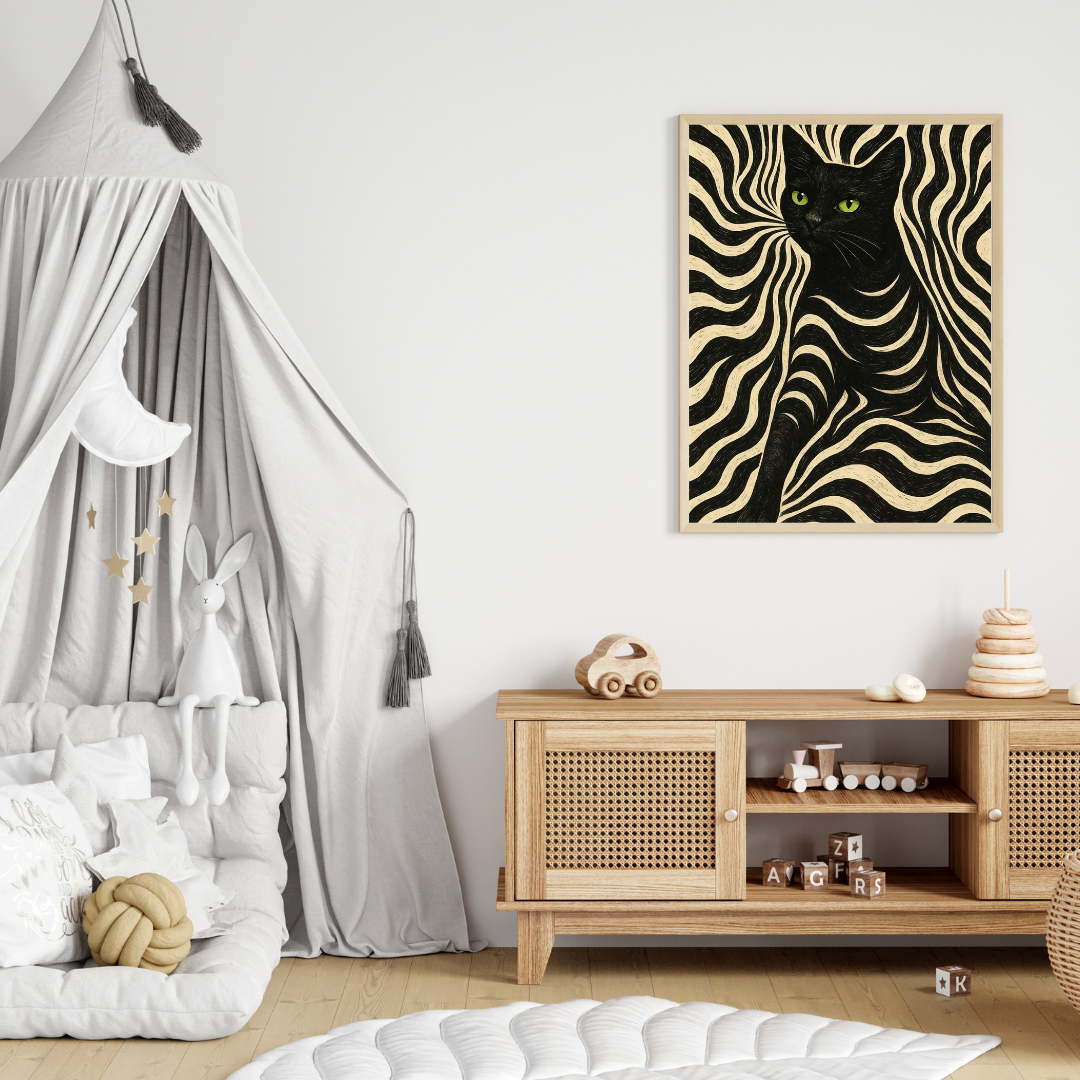 Abstract Black Cat Wall Art – Framed Animal Print for Modern Home Decor