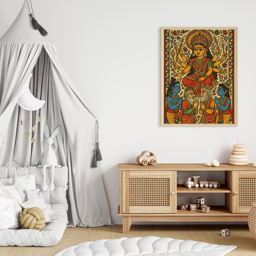 Maa Durga Blessing Poster – Traditional Indian Folk Art Wall Décor 🙏✨