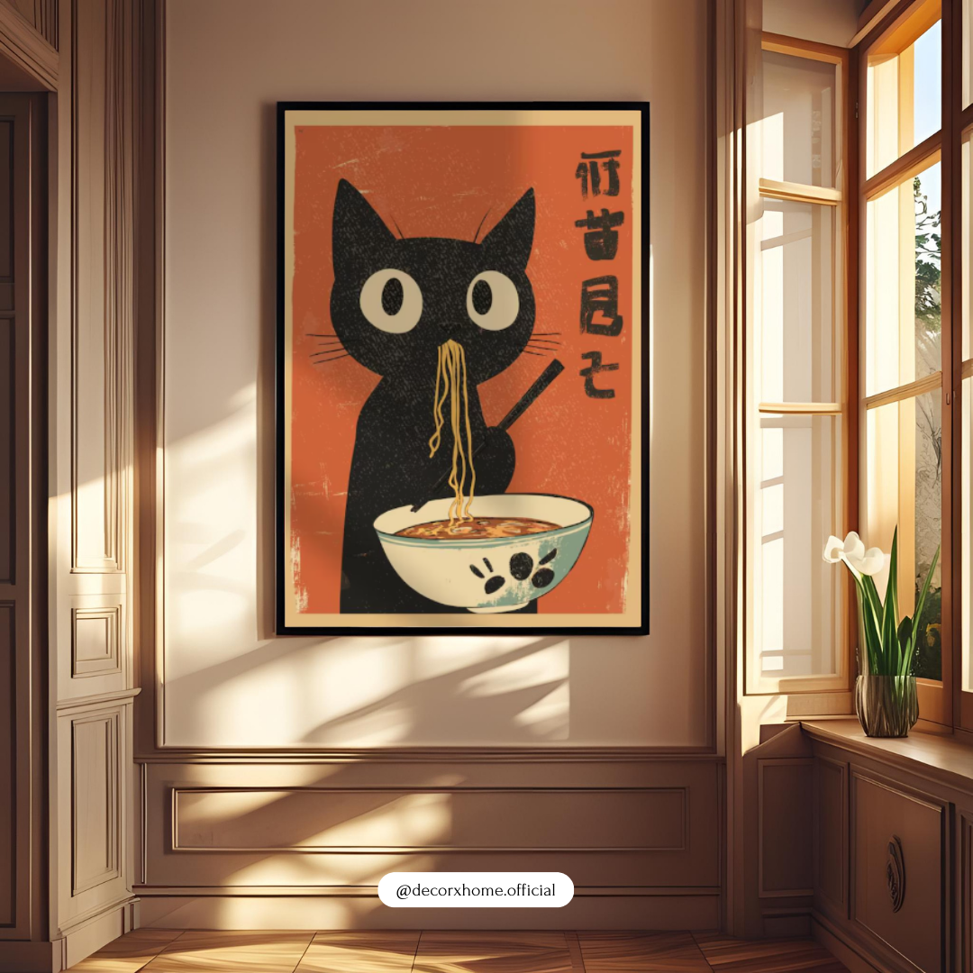 Cute Japanese Ramen Cat Poster | Minimalist Anime Cat Wall Art | Decorxhome