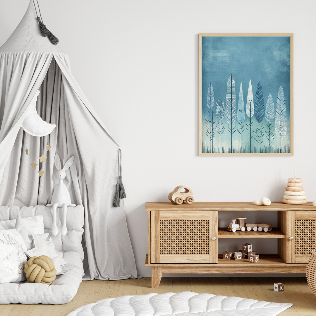 Tranquil Blue Forest – Framed Boho Wall Art Print for Home & Office Decor