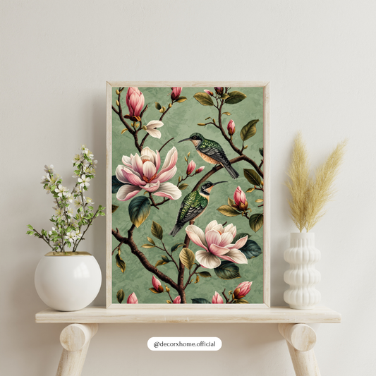Magnolia Blossoms & Songbirds Wall Art Poster | Vintage Botanical Nature Decor