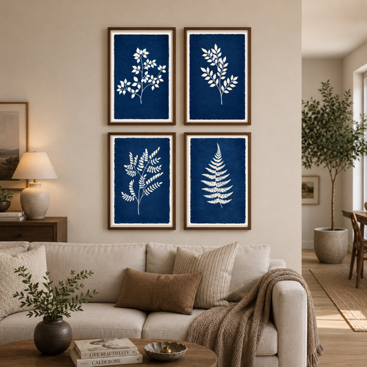 Indigo Botanical Cyanotype Poster Set | Minimalist White Fern & Leaf Wall Art Collection | Decorxhome