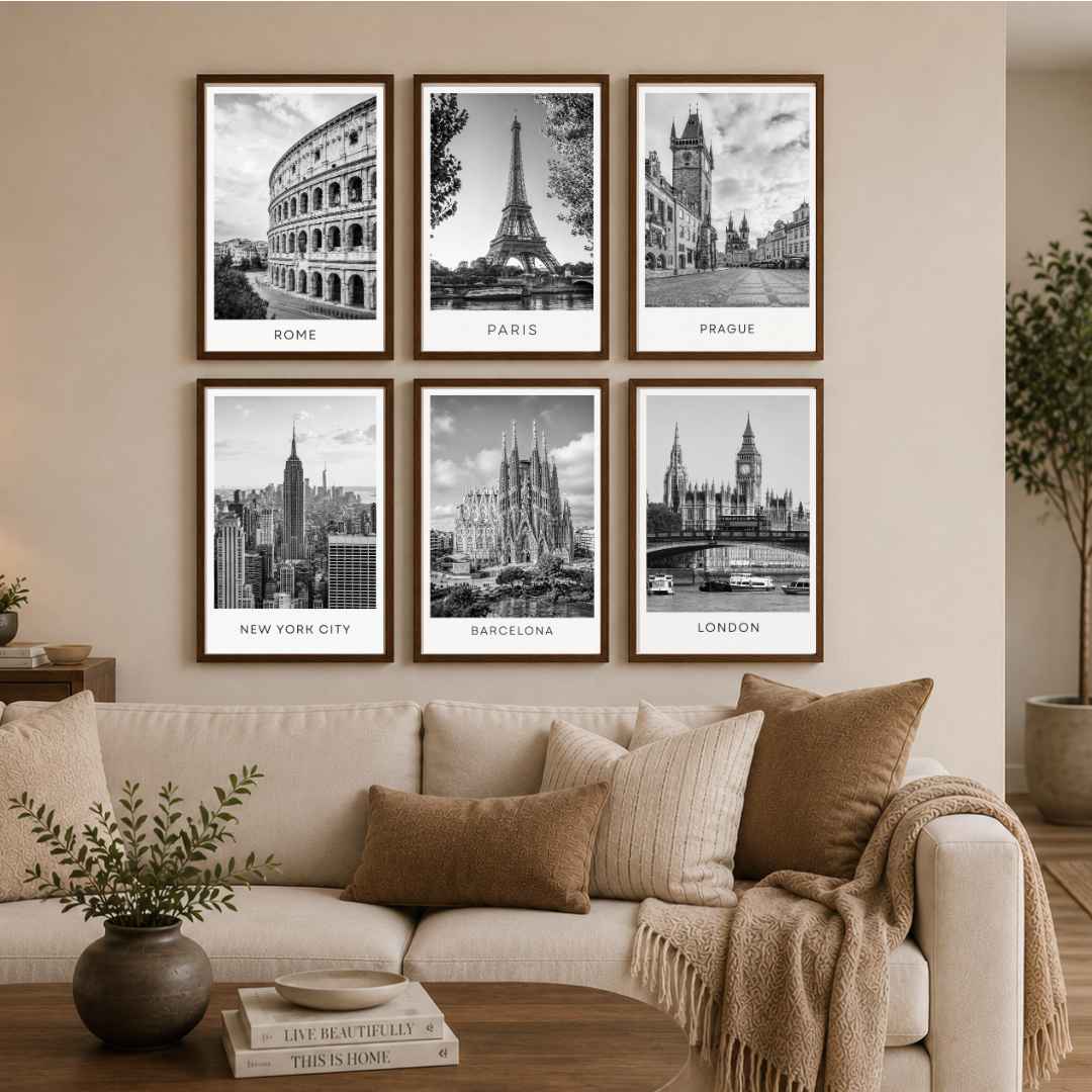 European Cityscape Black & White Framed Poster Set – Rome, Paris, Prague, New York, Barcelona & London