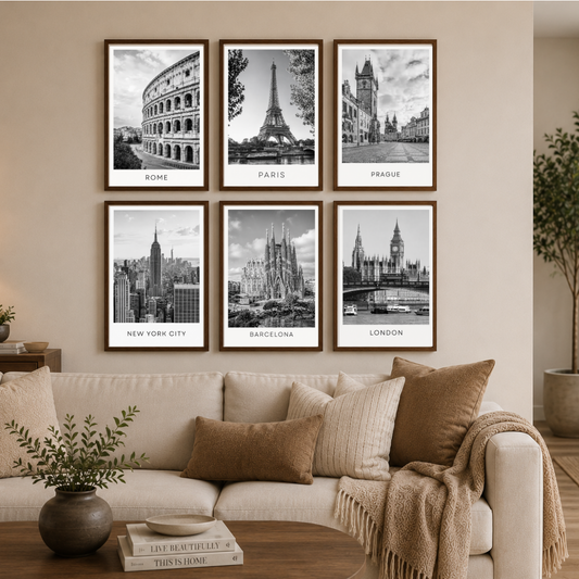 European Cityscape Black & White Framed Poster Set – Rome, Paris, Prague, New York, Barcelona & London