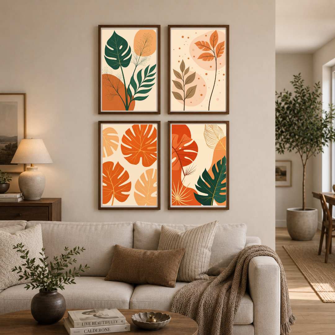 Modern Tropical Botanical Poster Set | Warm Terracotta & Green Leaf Abstract Wall Art Collection | Decorxhome