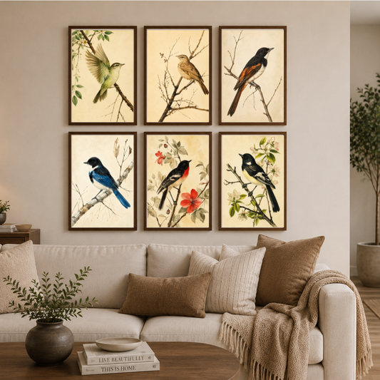 Vintage Bird Study Poster Set | Botanical Bird Wall Art Collection (Set of 6) by Decorxhome
