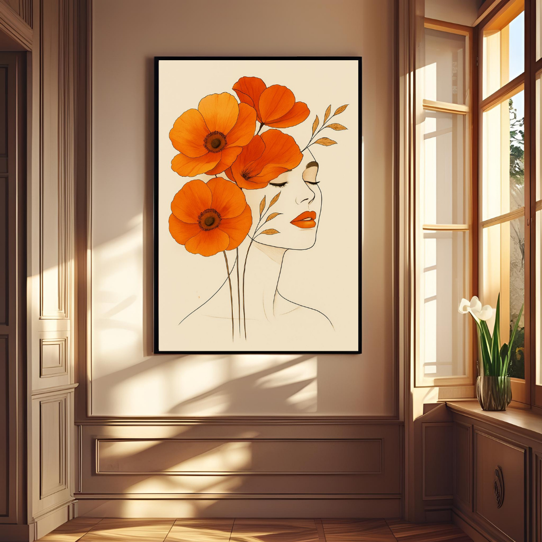 Boho Floral Femme Wall Art with Frame – Elegant Botanical Line Art for Living Room, Bedroom & Office Decor